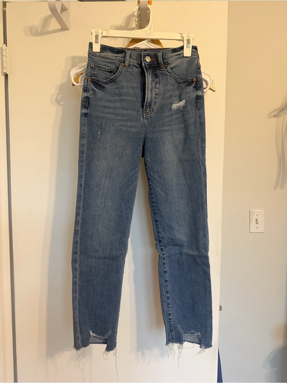 Express Straight-Leg Distressed Midwash Jeans- “Mom Jean”